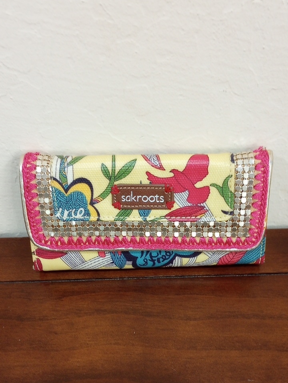 Sakroots Yellow Happy & Free Peace Tri Fold Wallet Clutch